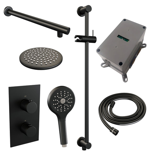 BRAUER Black Carving thermostatische inbouw regendouche 3-weg omstelling SET 43 met 20 cm douchekop en rechte muurarm en 3-standen handdouche en doucheslang en geïntegreerde glijstang mat zwart 5-S-139