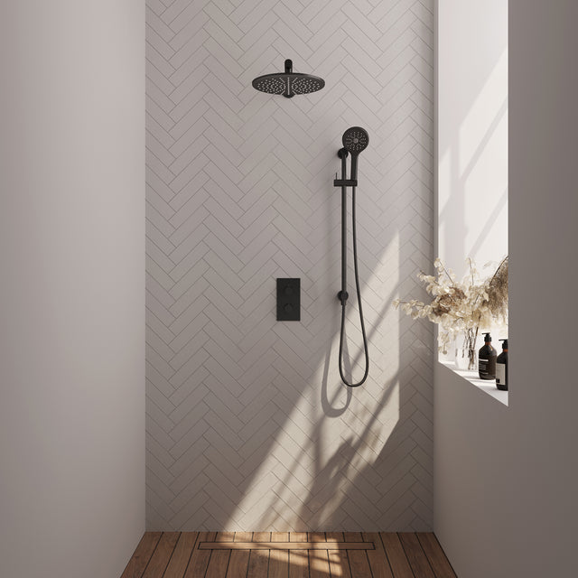 BRAUER Black Carving thermostatische inbouw regendouche 3-weg omstelling SET 44 met 30 cm douchekop en rechte muurarm en 3-standen handdouche en doucheslang en geïntegreerde glijstang mat zwart 5-S-140