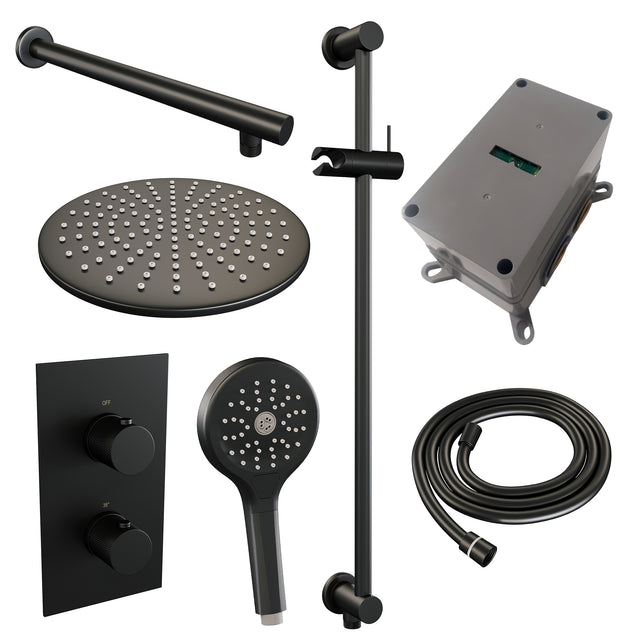 BRAUER Black Carving thermostatische inbouw regendouche 3-weg omstelling SET 44 met 30 cm douchekop en rechte muurarm en 3-standen handdouche en doucheslang en geïntegreerde glijstang mat zwart 5-S-140