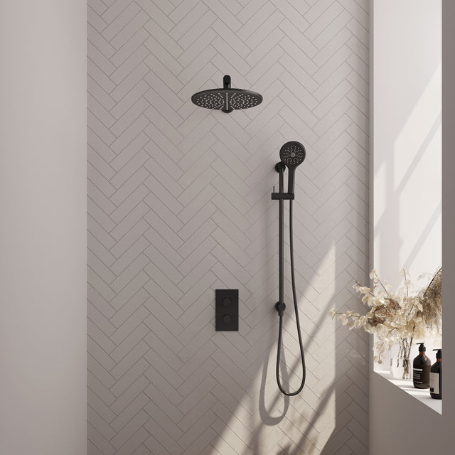 BRAUER Black Carving thermostatische inbouw regendouche 3-weg omstelling SET 44 met 30 cm douchekop en rechte muurarm en 3-standen handdouche en doucheslang en geïntegreerde glijstang mat zwart 5-S-140
