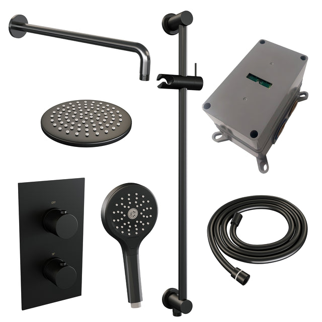 BRAUER Black Carving thermostatische inbouw regendouche 3-weg omstelling SET 45 met 20 cm douchekop en gebogen muurarm en 3-standen handdouche en doucheslang en geïntegreerde glijstang mat zwart 5-S-141