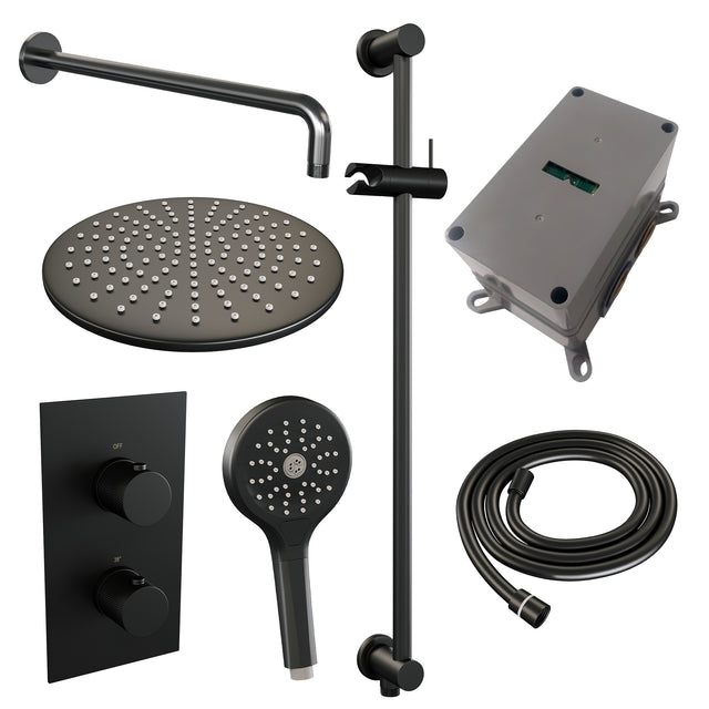 BRAUER Black Carving thermostatische inbouw regendouche 3-weg omstelling SET 46 met 30 cm douchekop en gebogen muurarm en 3-standen handdouche en doucheslang en geïntegreerde glijstang mat zwart 5-S-142