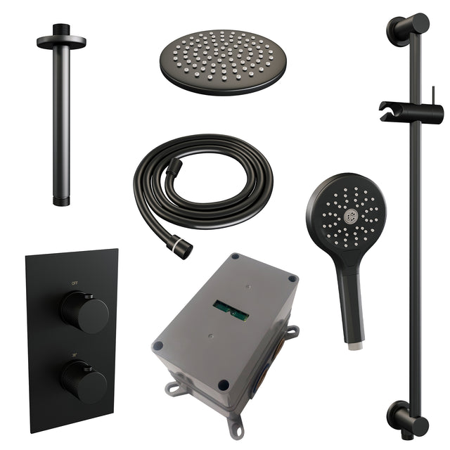 BRAUER Black Carving thermostatische inbouw regendouche 3-weg omstelling SET 47 met 20 cm douchekop en plafondarm en 3-standen handdouche en doucheslang en geïntegreerde glijstang mat zwart 5-S-143