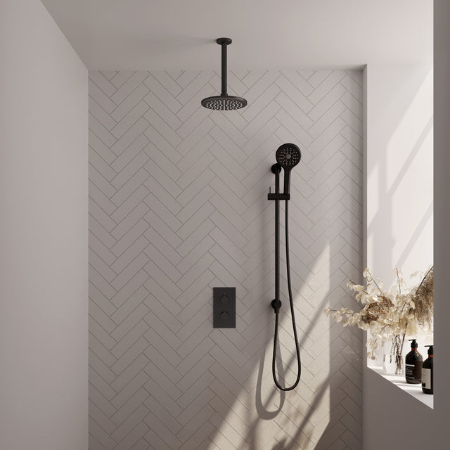 BRAUER Black Carving thermostatische inbouw regendouche 3-weg omstelling SET 47 met 20 cm douchekop en plafondarm en 3-standen handdouche en doucheslang en geïntegreerde glijstang mat zwart 5-S-143