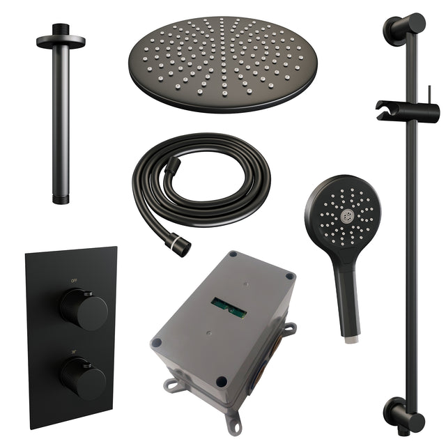 BRAUER Black Carving thermostatische inbouw regendouche 3-weg omstelling SET 48 met 30 cm douchekop en plafondarm en 3-standen handdouche en doucheslang en geïntegreerde glijstang mat zwart 5-S-144