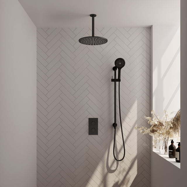 BRAUER Black Carving thermostatische inbouw regendouche 3-weg omstelling SET 48 met 30 cm douchekop en plafondarm en 3-standen handdouche en doucheslang en geïntegreerde glijstang mat zwart 5-S-144