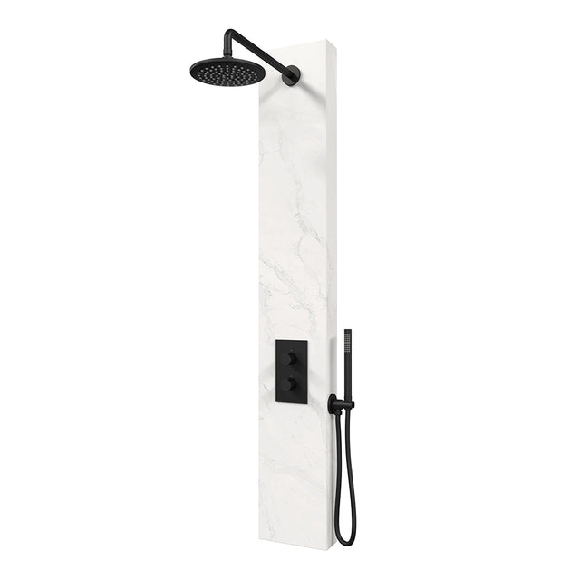BRAUER Black Edition thermostatisch douchepaneel 2-weg omstelling calacatta gold SET 01 met 20 cm douchekop en gebogen muurarm en staaf handdouche en wandaansluitbocht en doucheslang mat zwart