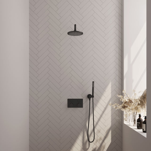 BRAUER Black Edition thermostatische inbouw regendouche met drukknoppen SET 51 met 20 cm douchekop en gebogen muurarm en staaf handdouche en doucheslang en wandaansluitbocht mat zwart