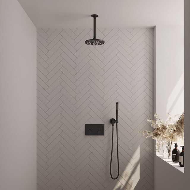 BRAUER Black Edition thermostatische inbouw regendouche met drukknoppen SET 53 met 20 cm douchekop en plafondarm en staaf handdouche en doucheslang en wandaansluitbocht mat zwart