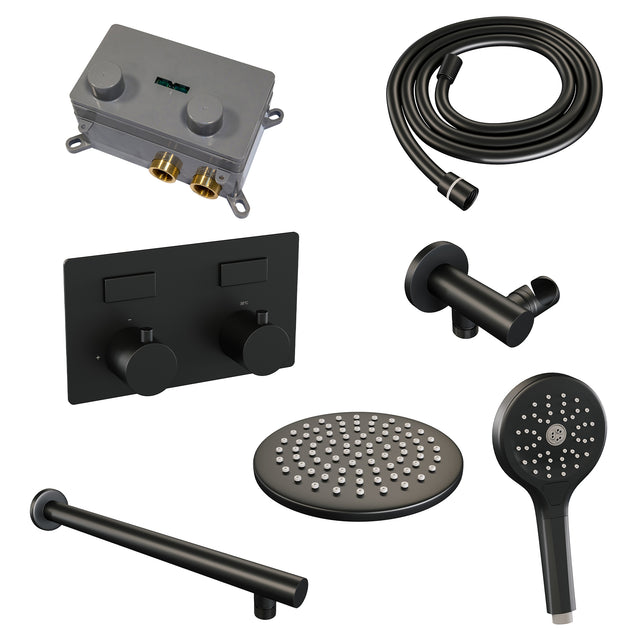 BRAUER Black Edition thermostatische inbouw regendouche met drukknoppen SET 55 met 20 cm douchekop en rechte muurarm en 3-standen handdouche en doucheslang en wandaansluitbocht mat zwart