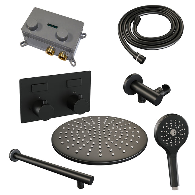 BRAUER Black Edition thermostatische inbouw regendouche met drukknoppen SET 56 met 30 cm douchekop en rechte muurarm en 3-standen handdouche en doucheslang en wandaansluitbocht mat zwart