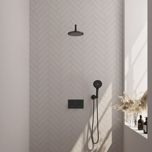 BRAUER Black Edition thermostatische inbouw regendouche met drukknoppen SET 57 met 20 cm douchekop en gebogen muurarm en 3-standen handdouche en doucheslang en wandaansluitbocht mat zwart