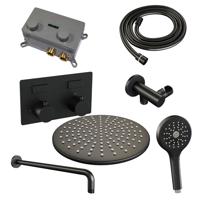 BRAUER Black Edition thermostatische inbouw regendouche met drukknoppen SET 58 met 30 cm douchekop en gebogen muurarm en 3-standen handdouche en doucheslang en wandaansluitbocht mat zwart