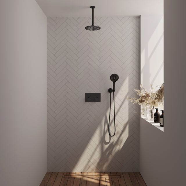 BRAUER Black Edition thermostatische inbouw regendouche met drukknoppen SET 59 met 20 cm douchekop en plafondarm en 3-standen handdouche en doucheslang en wandaansluitbocht mat zwart