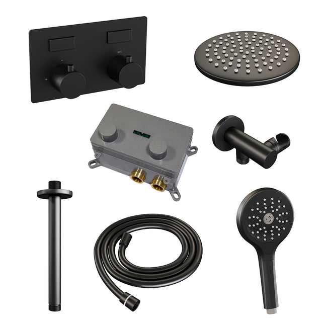 BRAUER Black Edition thermostatische inbouw regendouche met drukknoppen SET 59 met 20 cm douchekop en plafondarm en 3-standen handdouche en doucheslang en wandaansluitbocht mat zwart