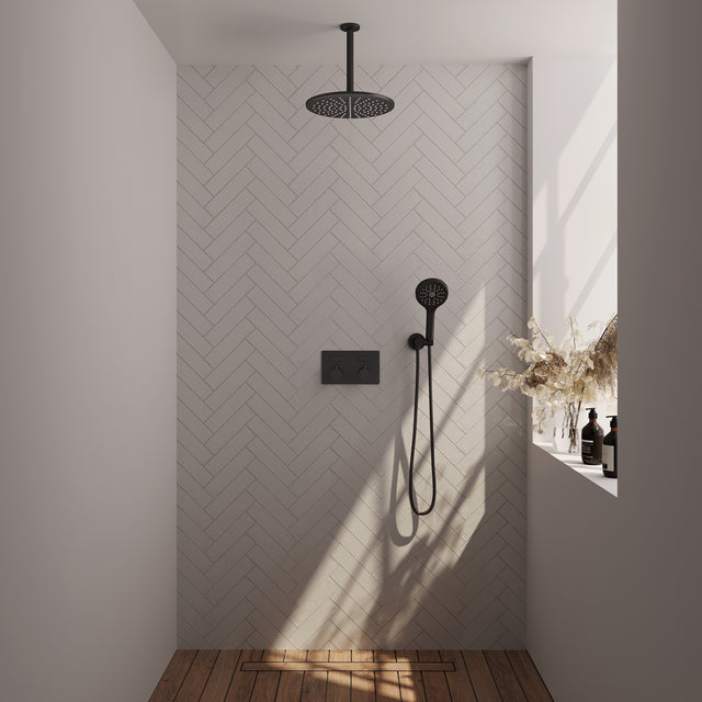 BRAUER Black Edition thermostatische inbouw regendouche met drukknoppen SET 60 met 30 cm douchekop en plafondarm en 3-standen handdouche en doucheslang en wandaansluitbocht mat zwart