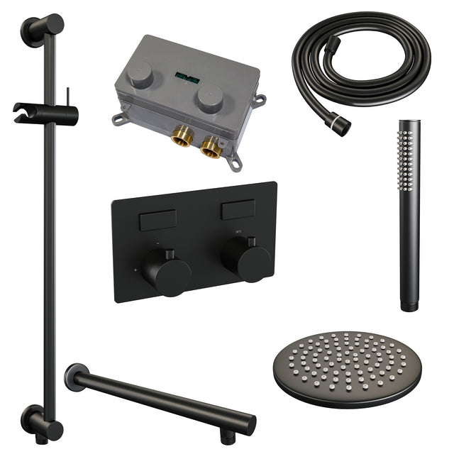 BRAUER Black Edition thermostatische inbouw regendouche met drukknoppen SET 61 met 20 cm douchekop en rechte muurarm en staaf handdouche en doucheslang en geïntegreerde glijstang mat zwart 5-S-172