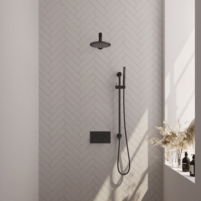 BRAUER Black Edition thermostatische inbouw regendouche met drukknoppen SET 61 met 20 cm douchekop en rechte muurarm en staaf handdouche en doucheslang en geïntegreerde glijstang mat zwart 5-S-172