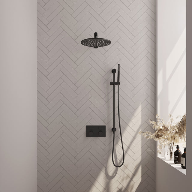 BRAUER Black Edition thermostatische inbouw regendouche met drukknoppen SET 62 met 30 cm douchekop en rechte muurarm en staaf handdouche en doucheslang en geïntegreerde glijstang mat zwart 5-S-173