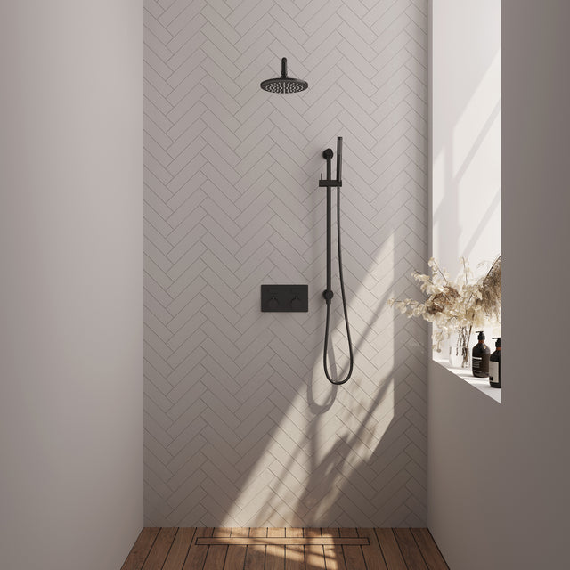 BRAUER Black Edition thermostatische inbouw regendouche met drukknoppen SET 63 met 20 cm douchekop en gebogen muurarm en staaf handdouche en doucheslang en geïntegreerde glijstang mat zwart 5-S-174
