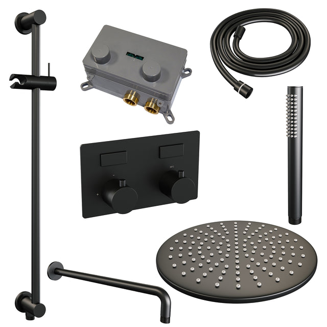 BRAUER Black Edition thermostatische inbouw regendouche met drukknoppen SET 64 met 30 cm douchekop en gebogen muurarm en staaf handdouche en doucheslang en geïntegreerde glijstang mat zwart 5-S-175