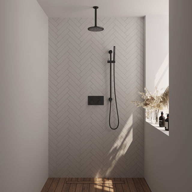 BRAUER Black Edition thermostatische inbouw regendouche met drukknoppen SET 65 met 20 cm douchekop en plafondarm en staaf handdouche en doucheslang en geïntegreerde glijstang mat zwart 5-S-176