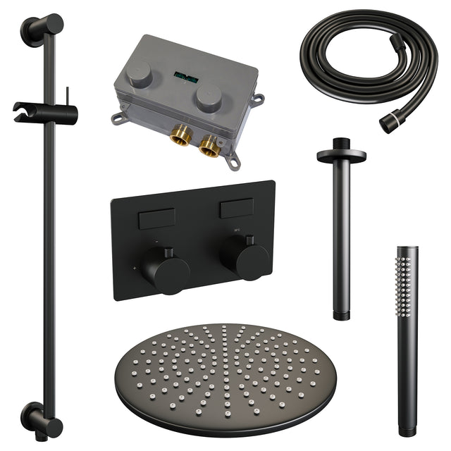 BRAUER Black Edition thermostatische inbouw regendouche met drukknoppen SET 66 met 30 cm douchekop en plafondarm en staaf handdouche en doucheslang en geïntegreerde glijstang mat zwart 5-S-177