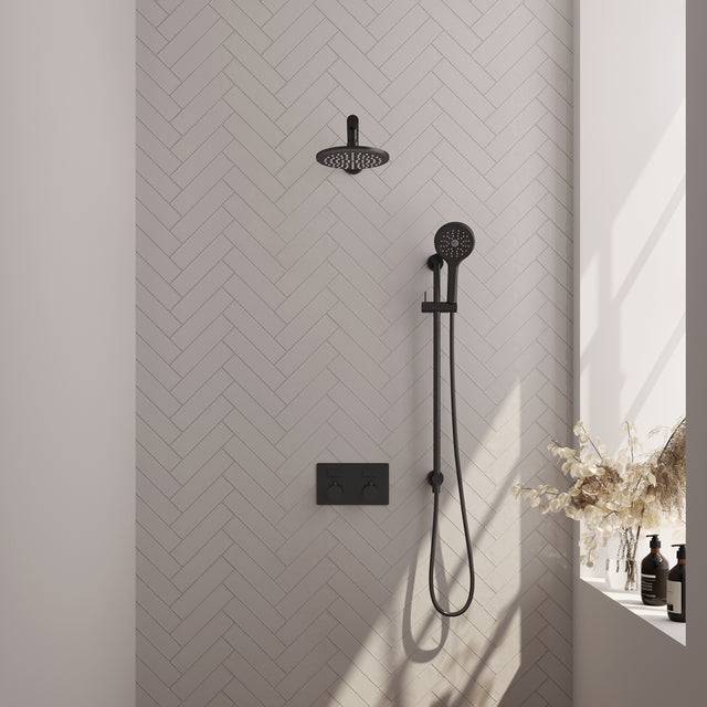 BRAUER Black Edition thermostatische inbouw regendouche met drukknoppen SET 67 met 20 cm douchekop en rechte muurarm en 3-standen handdouche en doucheslang en geïntegreerde glijstang mat zwart 5-S-178