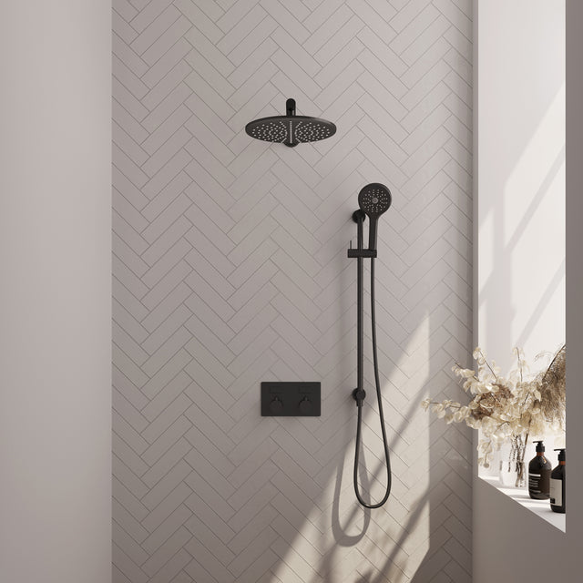 BRAUER Black Edition thermostatische inbouw regendouche met drukknoppen SET 68 met 30 cm douchekop en rechte muurarm en 3-standen handdouche en doucheslang en geïntegreerde glijstang mat zwart 5-S-179