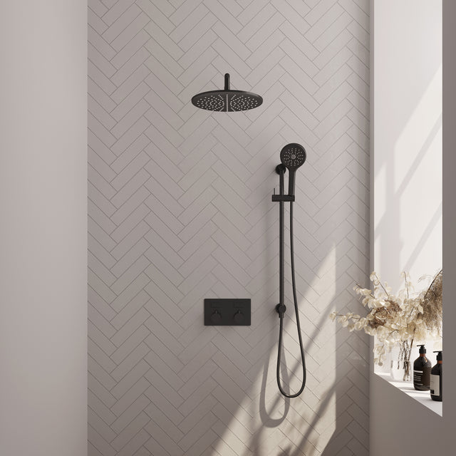 BRAUER Black Edition thermostatische inbouw regendouche met drukknoppen SET 70 met 30 cm douchekop en gebogen muurarm en 3-standen handdouche en doucheslang en geïntegreerde glijstang mat zwart 5-S-181
