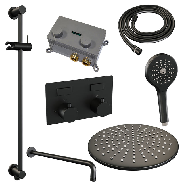 BRAUER Black Edition thermostatische inbouw regendouche met drukknoppen SET 70 met 30 cm douchekop en gebogen muurarm en 3-standen handdouche en doucheslang en geïntegreerde glijstang mat zwart 5-S-181