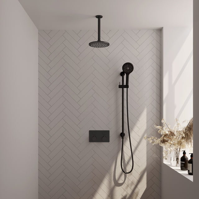 BRAUER Black Edition thermostatische inbouw regendouche met drukknoppen SET 71 met 20 cm douchekop en plafondarm en 3-standen handdouche en doucheslang en geïntegreerde glijstang mat zwart 5-S-182