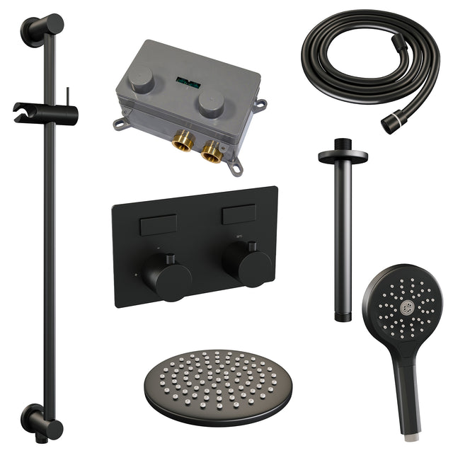 BRAUER Black Edition thermostatische inbouw regendouche met drukknoppen SET 71 met 20 cm douchekop en plafondarm en 3-standen handdouche en doucheslang en geïntegreerde glijstang mat zwart 5-S-182