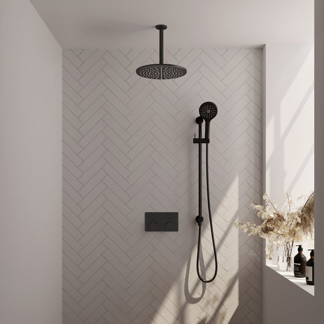 BRAUER Black Edition thermostatische inbouw regendouche met drukknoppen SET 72 met 30 cm douchekop en plafondarm en 3-standen handdouche en doucheslang en geïntegreerde glijstang mat zwart 5-S-183