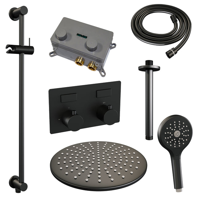 BRAUER Black Edition thermostatische inbouw regendouche met drukknoppen SET 72 met 30 cm douchekop en plafondarm en 3-standen handdouche en doucheslang en geïntegreerde glijstang mat zwart 5-S-183