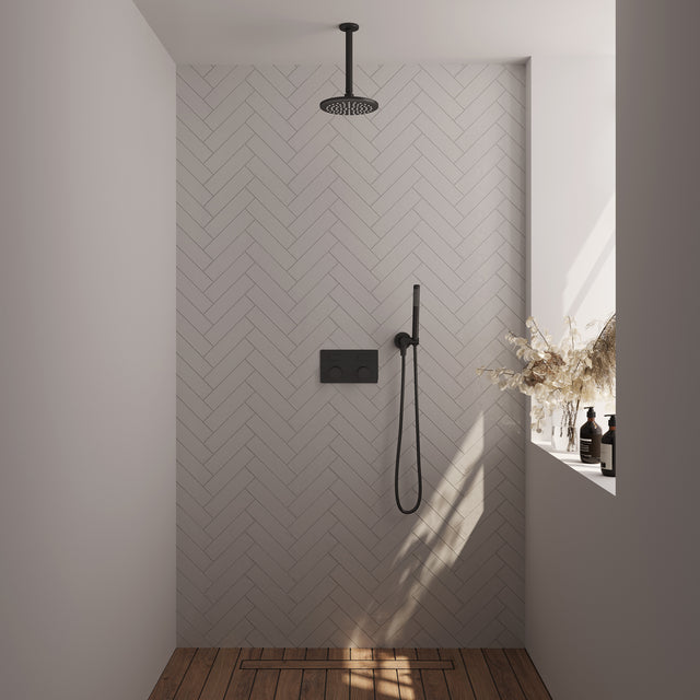 BRAUER Black Carving thermostatische inbouw regendouche met drukknoppen SET 53 met 20 cm douchekop en plafondarm en staaf handdouche en doucheslang en wandaansluitbocht mat zwart 5-S-188