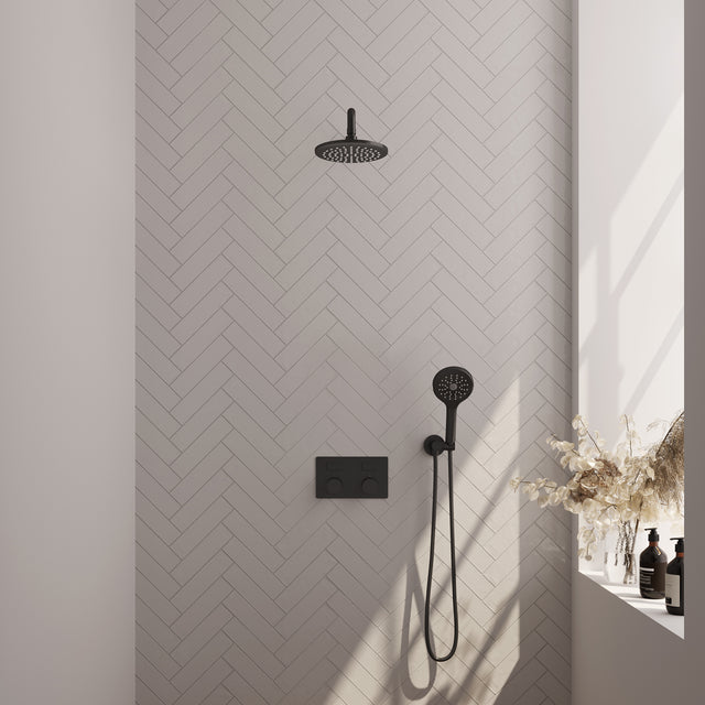 BRAUER Black Carving thermostatische inbouw regendouche met drukknoppen SET 57 met 20 cm douchekop en gebogen muurarm en 3-standen handdouche en doucheslang en wandaansluitbocht mat zwart 5-S-192
