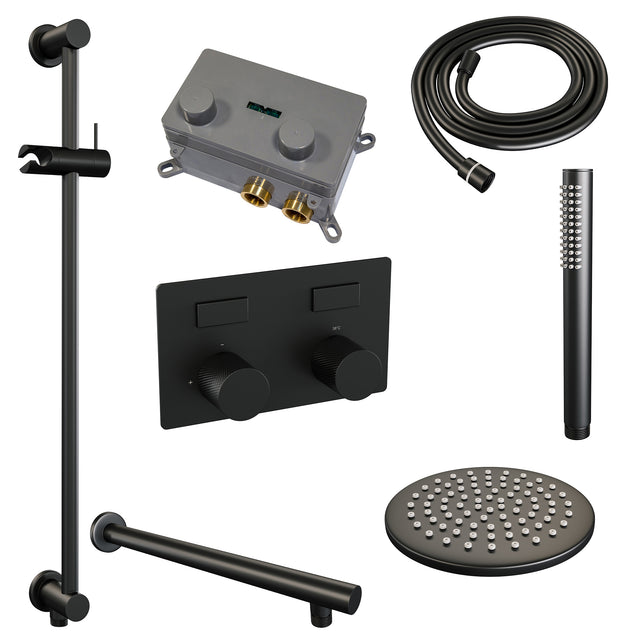 BRAUER Black Carving thermostatische inbouw regendouche met drukknoppen SET 61 met 20 cm douchekop en rechte muurarm en staaf handdouche en doucheslang en geïntegreerde glijstang mat zwart 5-S-196