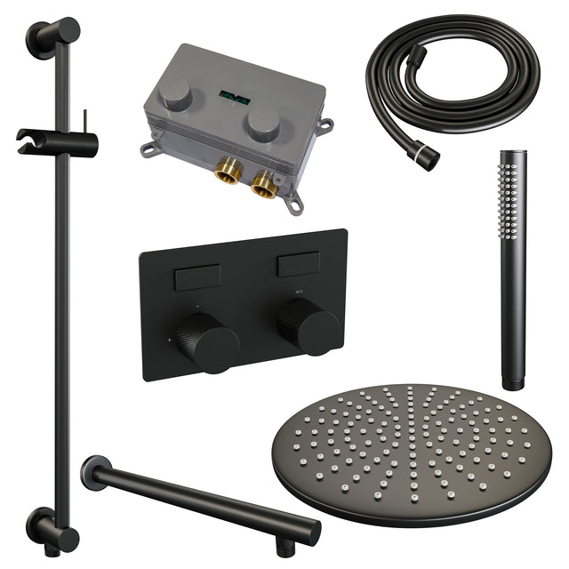 BRAUER Black Carving thermostatische inbouw regendouche met drukknoppen SET 62 met 30 cm douchekop en rechte muurarm en staaf handdouche en doucheslang en geïntegreerde glijstang mat zwart 5-S-197