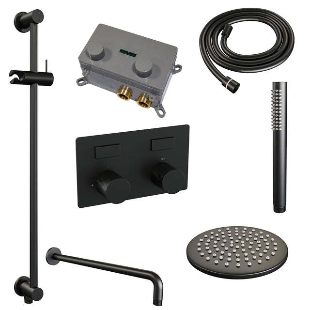 BRAUER Black Carving thermostatische inbouw regendouche met drukknoppen SET 63 met 20 cm douchekop en gebogen muurarm en staaf handdouche en doucheslang en geïntegreerde glijstang mat zwart 5-S-198