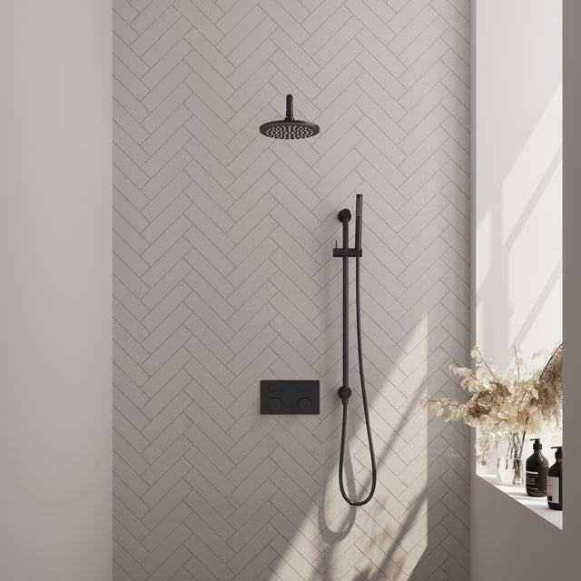 BRAUER Black Carving thermostatische inbouw regendouche met drukknoppen SET 63 met 20 cm douchekop en gebogen muurarm en staaf handdouche en doucheslang en geïntegreerde glijstang mat zwart 5-S-198