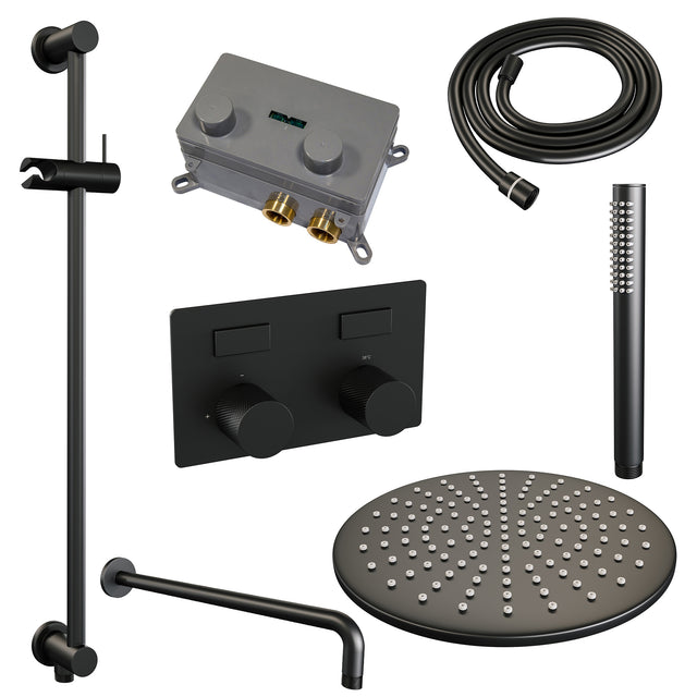 BRAUER Black Carving thermostatische inbouw regendouche met drukknoppen SET 64 met 30 cm douchekop en gebogen muurarm en staaf handdouche en doucheslang en geïntegreerde glijstang mat zwart 5-S-199
