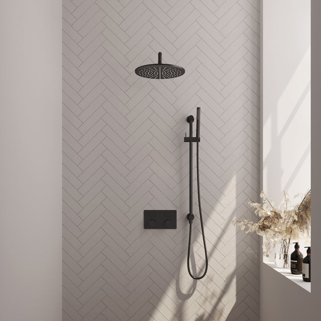 BRAUER Black Carving thermostatische inbouw regendouche met drukknoppen SET 64 met 30 cm douchekop en gebogen muurarm en staaf handdouche en doucheslang en geïntegreerde glijstang mat zwart 5-S-199