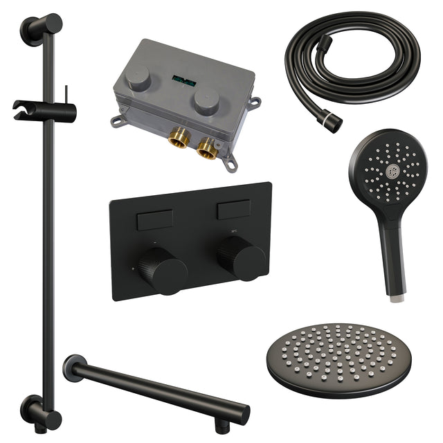 BRAUER Black Carving thermostatische inbouw regendouche met drukknoppen SET 67 met 20 cm douchekop en rechte muurarm en 3-standen handdouche en doucheslang en geïntegreerde glijstang mat zwart 5-S-202