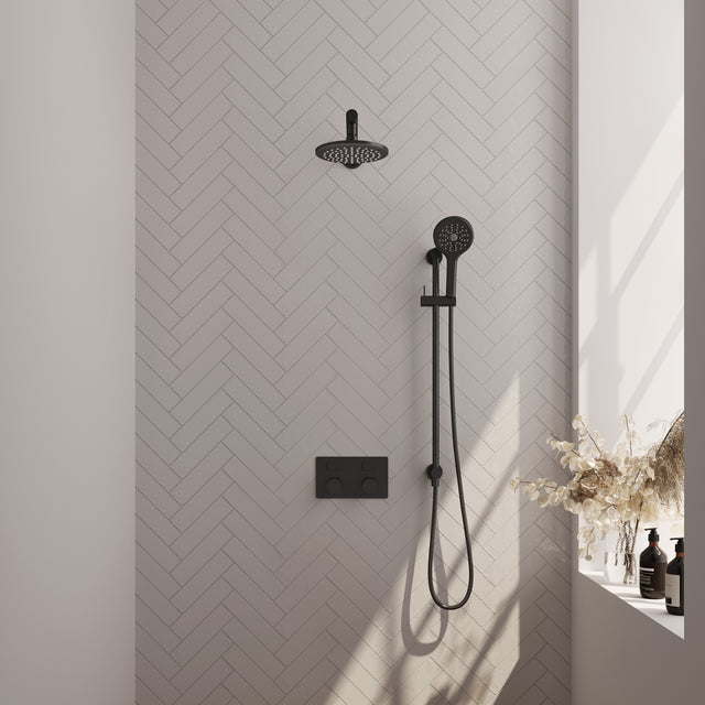 BRAUER Black Carving thermostatische inbouw regendouche met drukknoppen SET 67 met 20 cm douchekop en rechte muurarm en 3-standen handdouche en doucheslang en geïntegreerde glijstang mat zwart 5-S-202