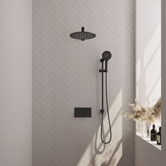 BRAUER Black Carving thermostatische inbouw regendouche met drukknoppen SET 68 met 30 cm douchekop en rechte muurarm en 3-standen handdouche en doucheslang en geïntegreerde glijstang mat zwart 5-S-203