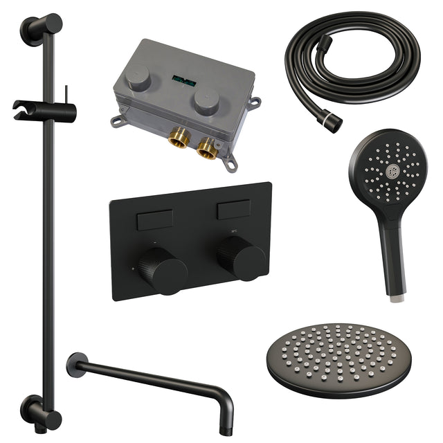 BRAUER Black Carving thermostatische inbouw regendouche met drukknoppen SET 69 met 20 cm douchekop en gebogen muurarm en 3-standen handdouche en doucheslang en geïntegreerde glijstang mat zwart 5-S-204