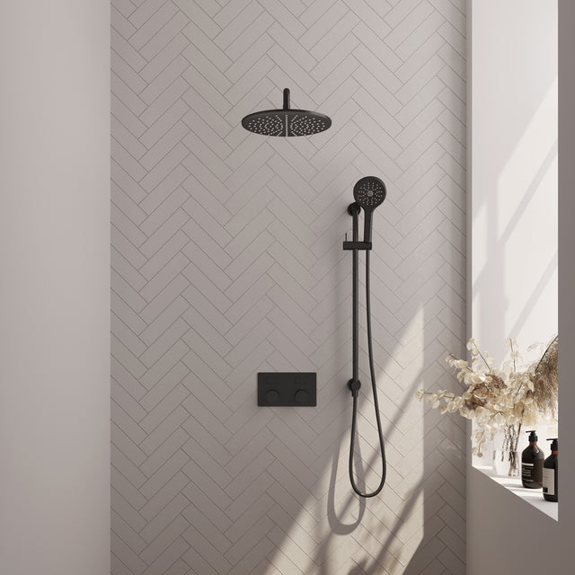 BRAUER Black Carving thermostatische inbouw regendouche met drukknoppen SET 70 met 30 cm douchekop en gebogen muurarm en 3-standen handdouche en doucheslang en geïntegreerde glijstang mat zwart 5-S-205