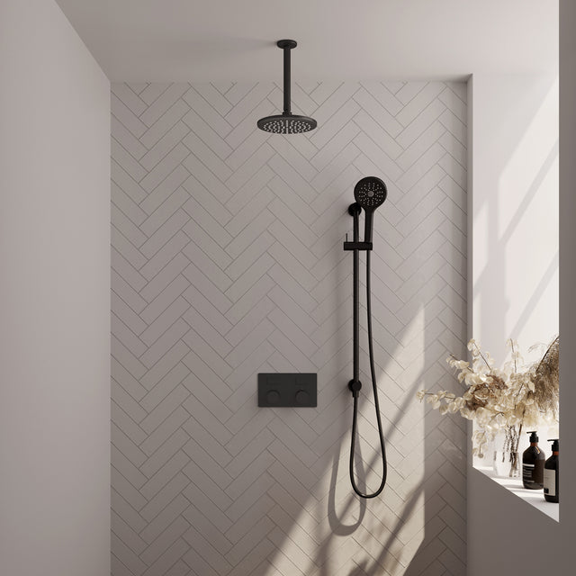 BRAUER Black Carving thermostatische inbouw regendouche met drukknoppen SET 71 met 20 cm douchekop en plafondarm en 3-standen handdouche en doucheslang en geïntegreerde glijstang mat zwart 5-S-206