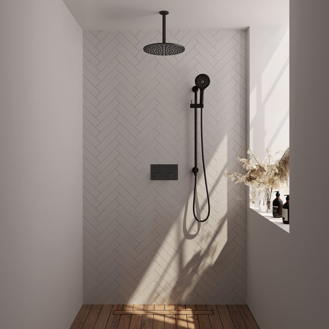 BRAUER Black Carving thermostatische inbouw regendouche met drukknoppen SET 72 met 30 cm douchekop en plafondarm en 3-standen handdouche en doucheslang en geïntegreerde glijstang mat zwart 5-S-207